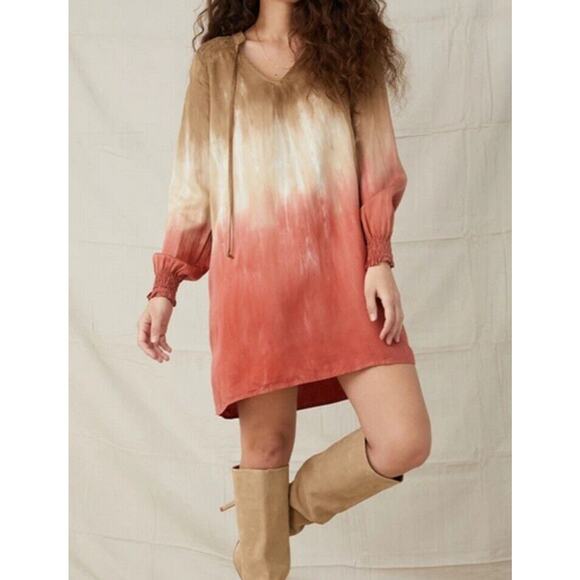 Bella Dahl Smoked Yoke Tunic Dress Flax Henna Ombre Size Small 100% Tencel - Picture 2 of 12